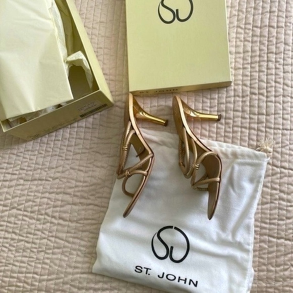 St. John gold metallic mules made Italy strappy gold original box